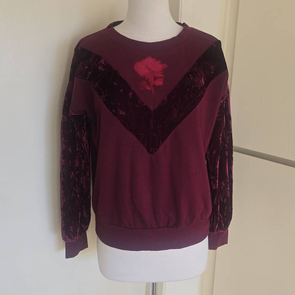 William Rast Women's Hannah Block Top, Windsor Wine, Rose Embellished, EUC, M
